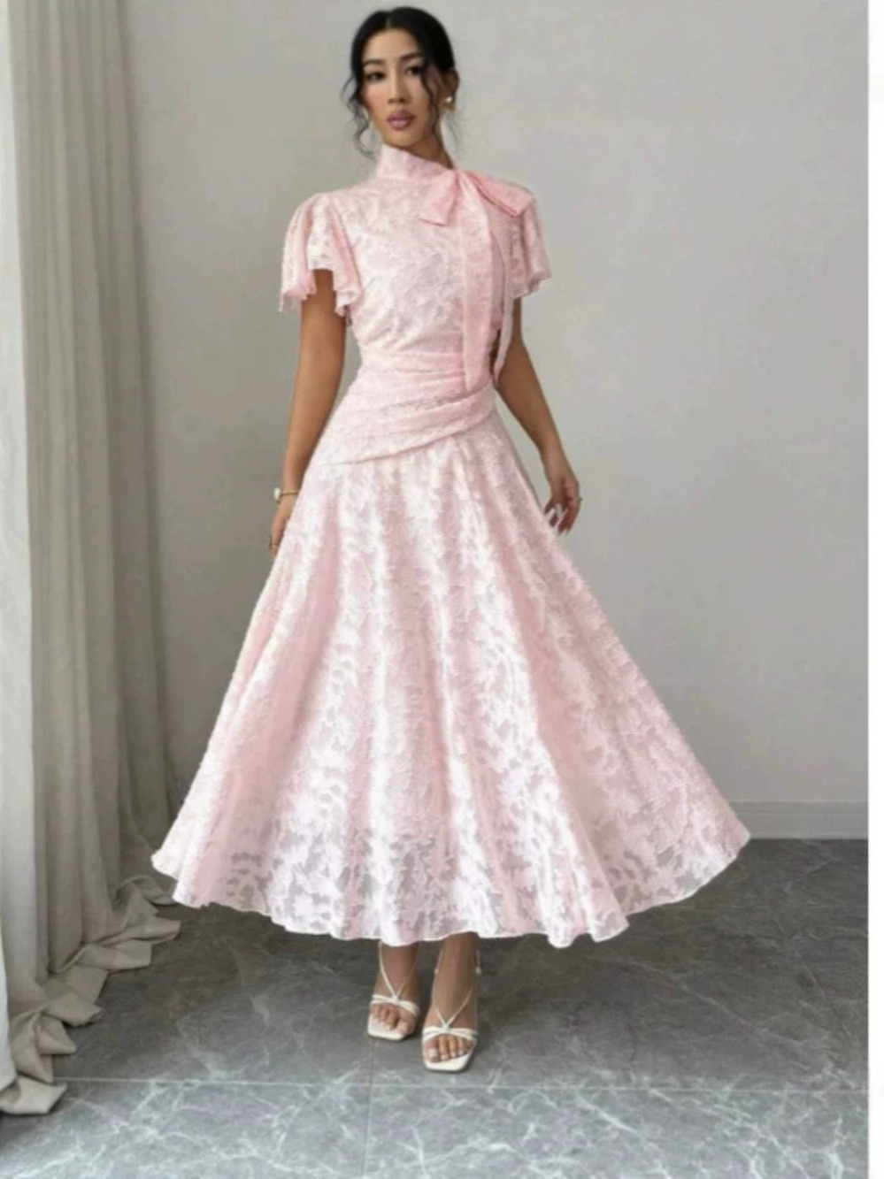 ZARA Pink Small Floral Lace Dress with Single Breasted Button and Tie Belt